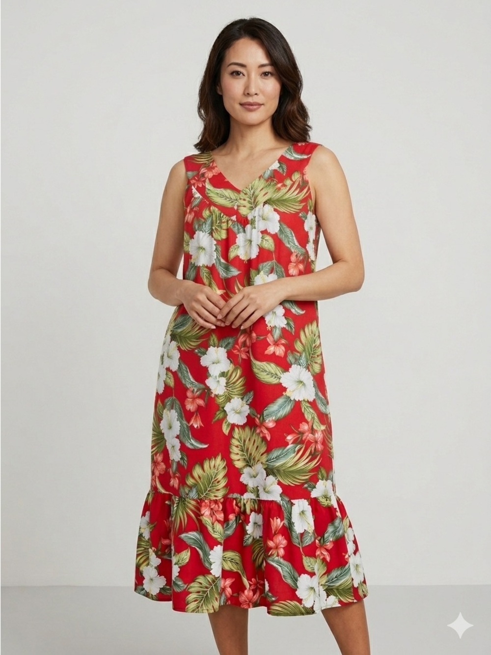 Vintage Floral Hawaiian Print Tent Sleeveless Midi Dress - L/XL